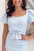 Load image into Gallery viewer, Light Blue Sparkly Ruched Short Tweed Tight Homecoming Dress with Bow