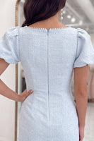 Load image into Gallery viewer, Light Blue Sparkly Ruched Short Tweed Tight Homecoming Dress with Bow