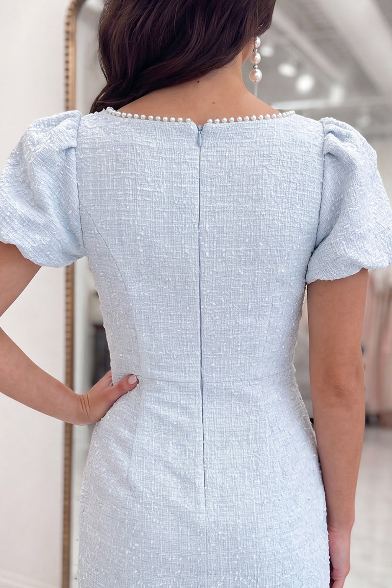 Load image into Gallery viewer, Light Blue Sparkly Ruched Short Tweed Tight Homecoming Dress with Bow
