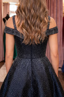 Load image into Gallery viewer, Black Sparkly Beaded Cold Shoulder Short Homecoming Dress