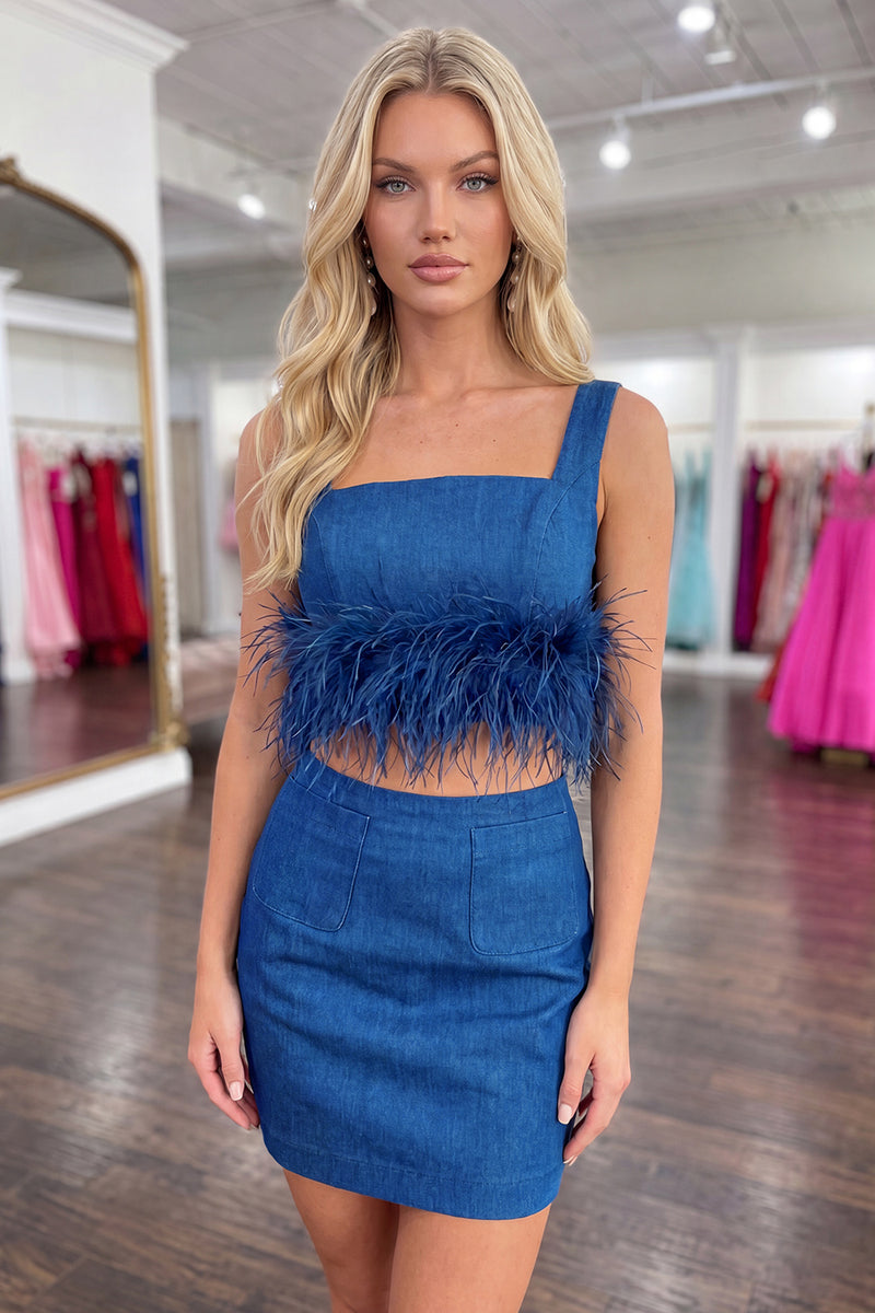 Load image into Gallery viewer, 2 Piece Blue Short Tight Homecoming Suits with Feathers