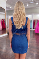 Load image into Gallery viewer, 2 Piece Blue Short Tight Homecoming Suits with Feathers