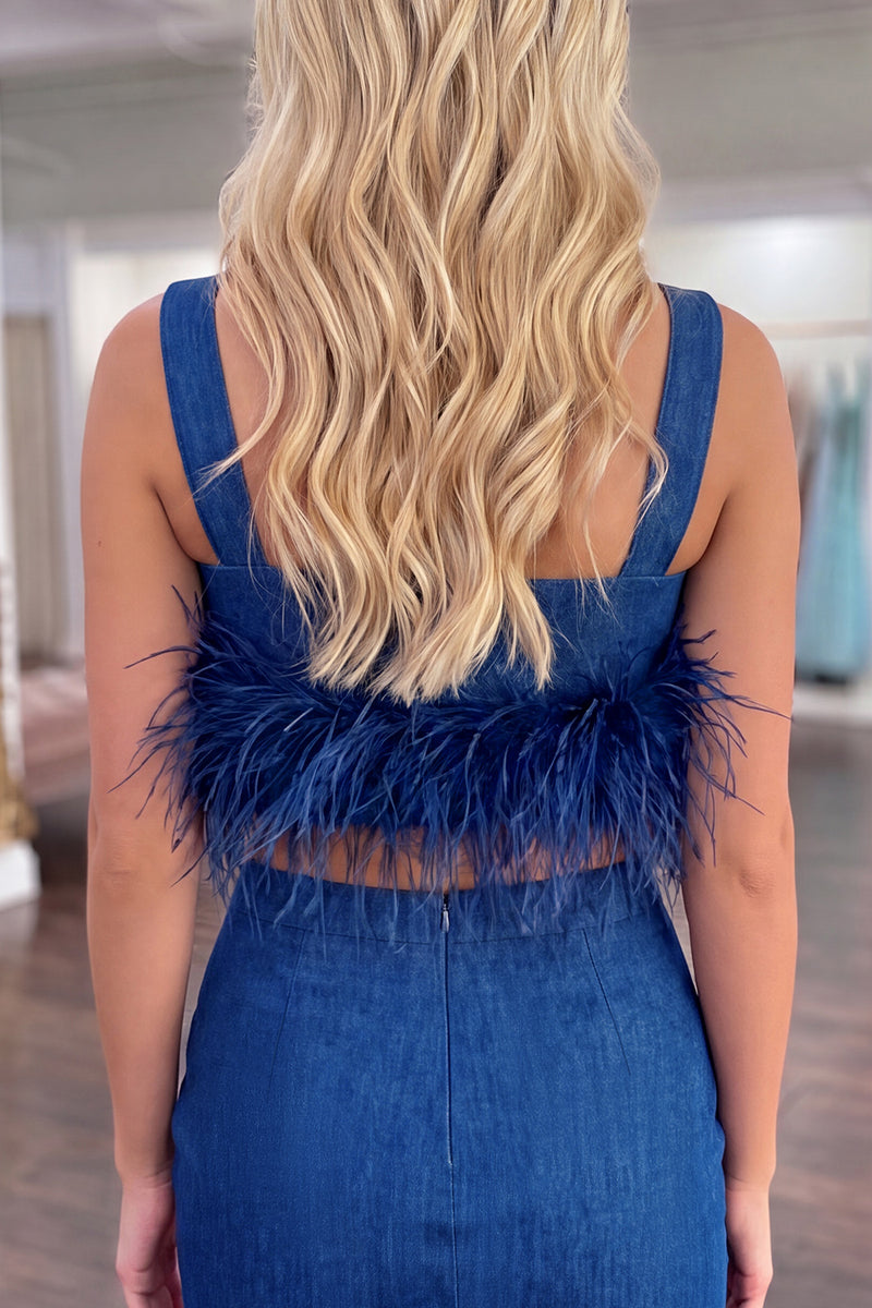 Load image into Gallery viewer, 2 Piece Blue Short Tight Homecoming Suits with Feathers