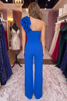 Load image into Gallery viewer, Royal Blue Simple One Shoulder Prom Jumpsuits with 3D Flower