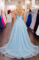 Load image into Gallery viewer, Light Blue A Line High Low Homecoming Dress with 3D Flower