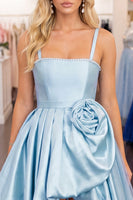 Load image into Gallery viewer, Light Blue A Line High Low Homecoming Dress with 3D Flower