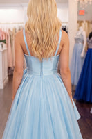 Load image into Gallery viewer, Light Blue A Line High Low Homecoming Dress with 3D Flower