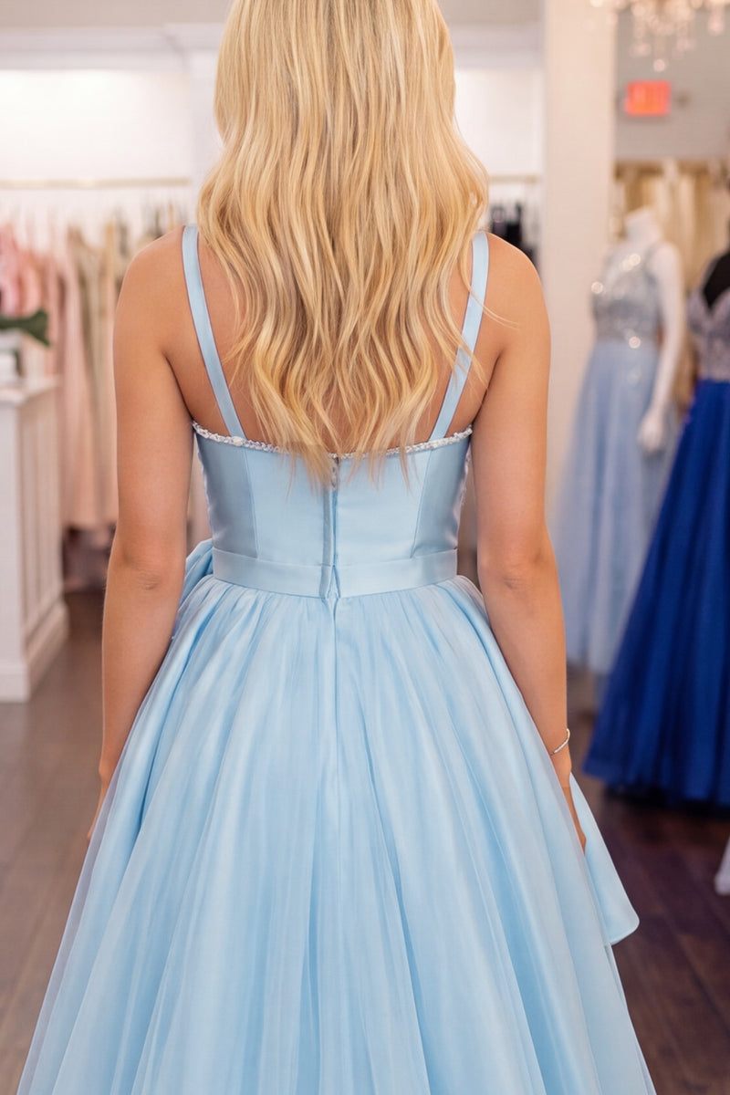 Load image into Gallery viewer, Light Blue A Line High Low Homecoming Dress with 3D Flower