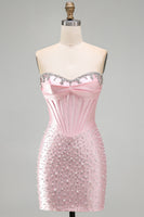 Load image into Gallery viewer, Pink Sparkly Corset Beaded Short Tight Homecoming Dress with Pearls