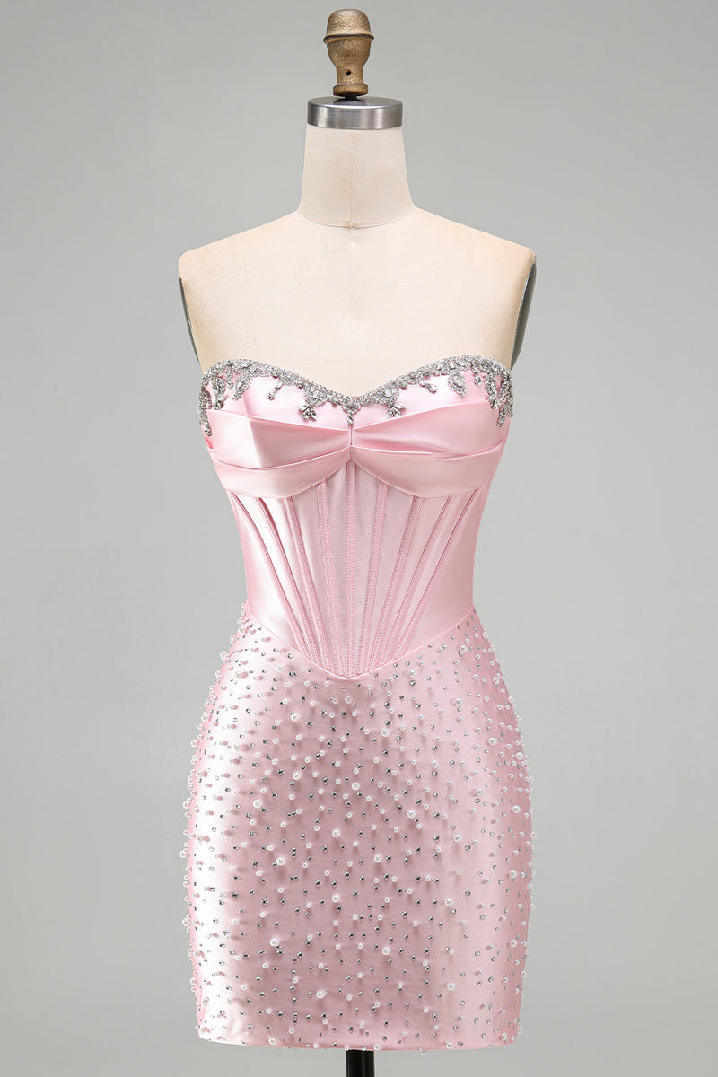 Load image into Gallery viewer, Pink Sparkly Corset Beaded Short Tight Homecoming Dress with Pearls