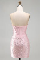 Load image into Gallery viewer, Pink Sparkly Corset Beaded Short Tight Homecoming Dress with Pearls