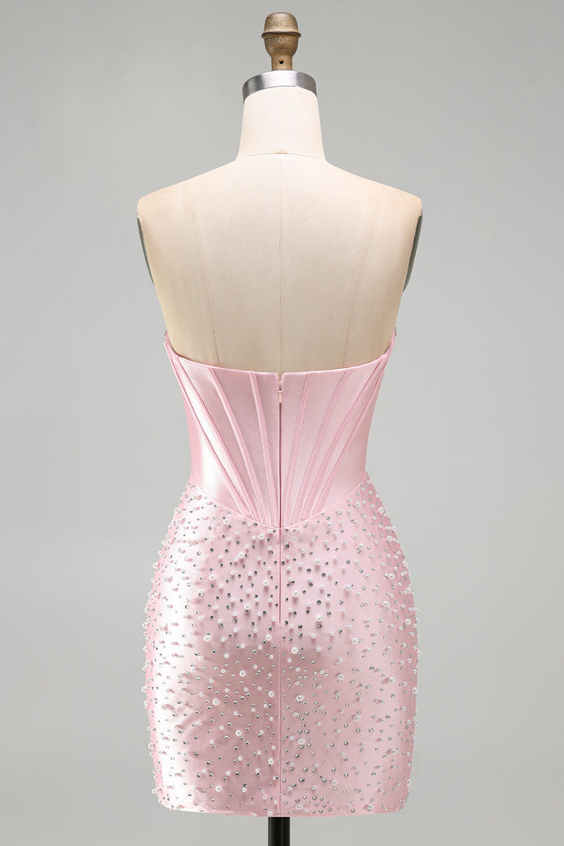 Load image into Gallery viewer, Pink Sparkly Corset Beaded Short Tight Homecoming Dress with Pearls