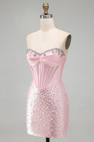 Load image into Gallery viewer, Pink Sparkly Corset Beaded Short Tight Homecoming Dress with Pearls