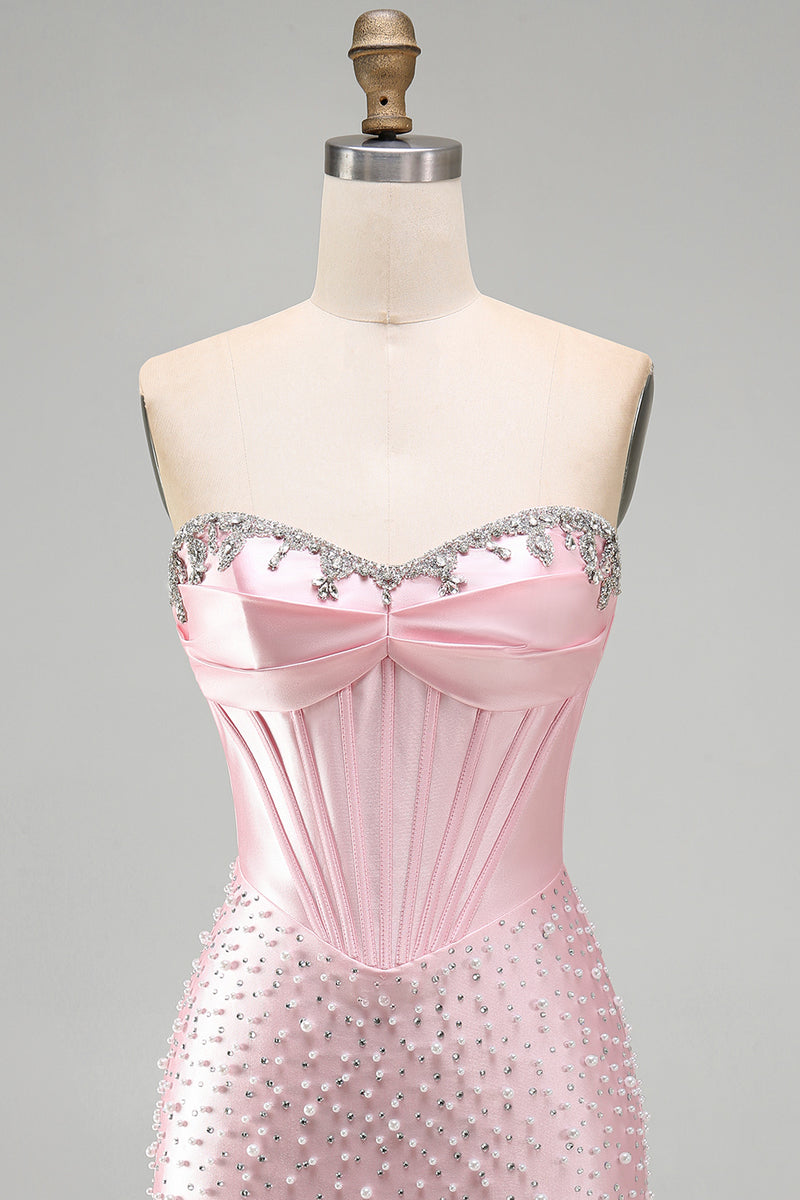 Load image into Gallery viewer, Pink Sparkly Corset Beaded Short Tight Homecoming Dress with Pearls