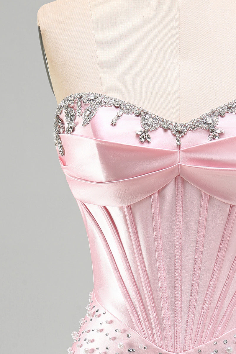 Load image into Gallery viewer, Pink Sparkly Corset Beaded Short Tight Homecoming Dress with Pearls