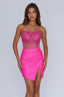 Load image into Gallery viewer, Sparkly Fuchsia Beaded Corset Short Tight Homecoming Dress with Slit