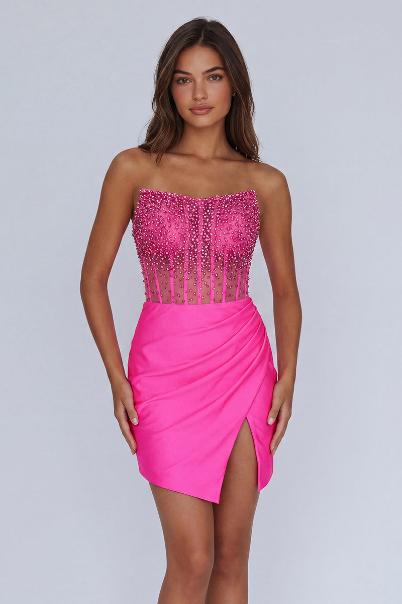 Load image into Gallery viewer, Sparkly Fuchsia Beaded Corset Short Tight Homecoming Dress with Slit