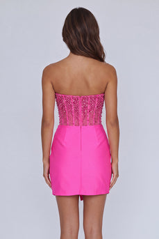 Sparkly Fuchsia Beaded Corset Short Tight Homecoming Dress with Slit