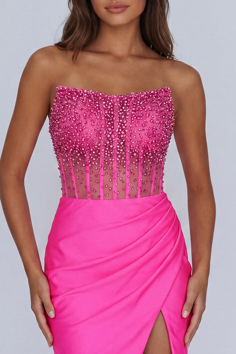 Load image into Gallery viewer, Sparkly Fuchsia Beaded Corset Short Tight Homecoming Dress with Slit