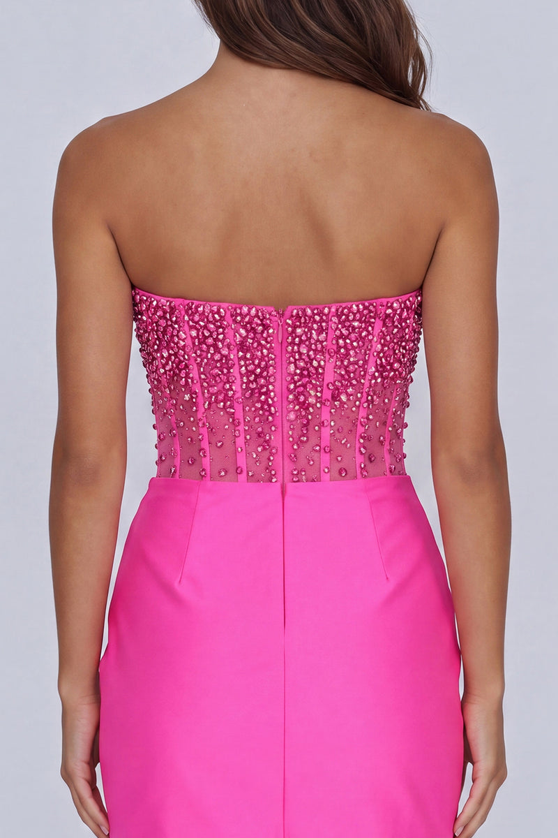 Load image into Gallery viewer, Sparkly Fuchsia Beaded Corset Short Tight Homecoming Dress with Slit