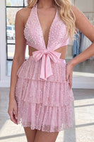 Load image into Gallery viewer, Pink Sparkly Cut Out Tiered Ruffled Short Homecoming Dress with Bows