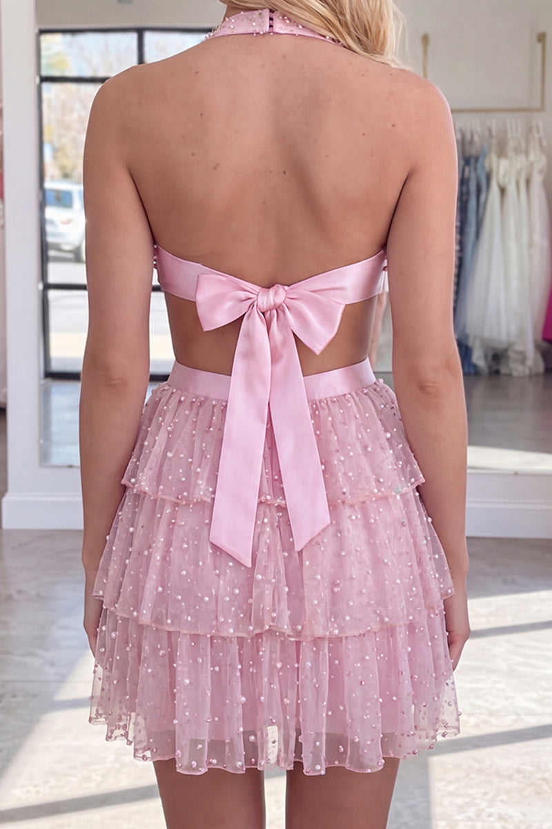 Load image into Gallery viewer, Pink Sparkly Cut Out Tiered Ruffled Short Homecoming Dress with Bows