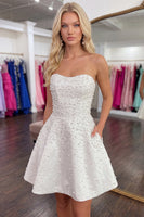 Load image into Gallery viewer, White Sparkly A Line Beaded Short Homecoming Dress with Pearls