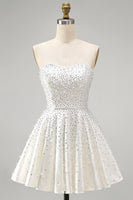 Load image into Gallery viewer, White Sparkly A Line Beaded Short Homecoming Dress with Pearls