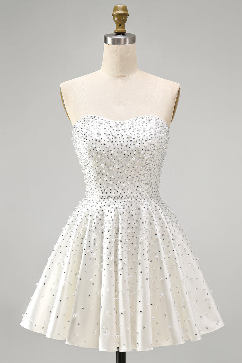 Load image into Gallery viewer, White Sparkly A Line Beaded Short Homecoming Dress with Pearls