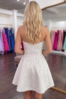 White Sparkly A Line Beaded Short Homecoming Dress with Pearls