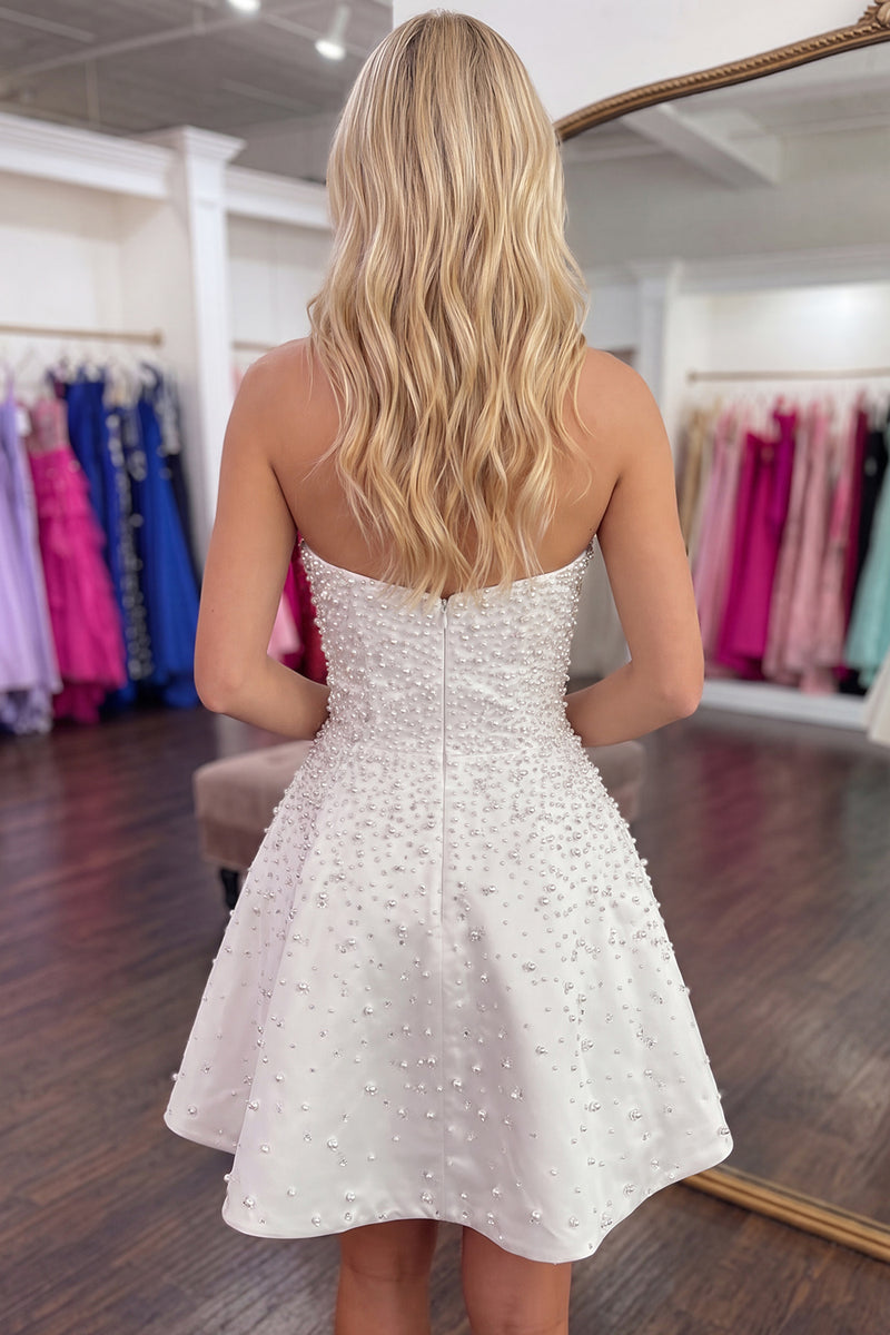 Load image into Gallery viewer, White Sparkly A Line Beaded Short Homecoming Dress with Pearls