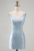 Load image into Gallery viewer, Sparkly Blue Tight Short V-Neck Homecoming Dress with Pearls