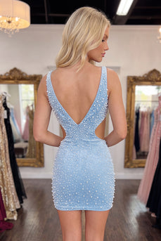 Sparkly Blue Tight Short V-Neck Homecoming Dress with Pearls
