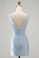 Load image into Gallery viewer, Sparkly Blue Tight Short V-Neck Homecoming Dress with Pearls