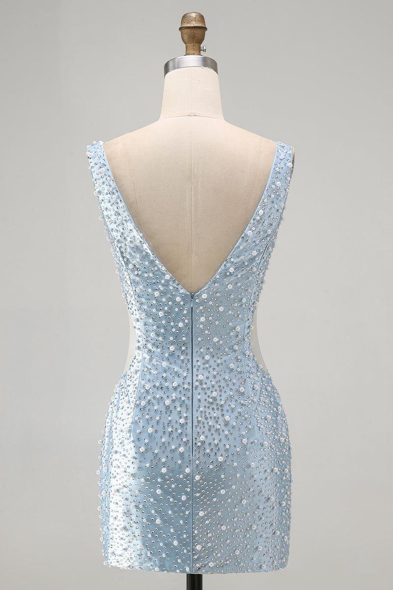 Load image into Gallery viewer, Sparkly Blue Tight Short V-Neck Homecoming Dress with Pearls