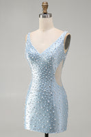 Load image into Gallery viewer, Sparkly Blue Tight Short V-Neck Homecoming Dress with Pearls