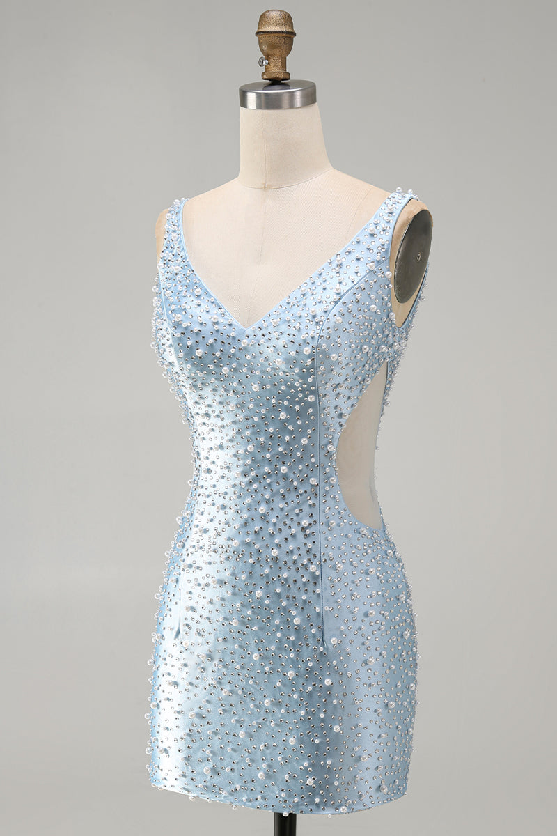 Load image into Gallery viewer, Sparkly Blue Tight Short V-Neck Homecoming Dress with Pearls