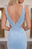 Load image into Gallery viewer, Sparkly Blue Tight Short V-Neck Homecoming Dress with Pearls