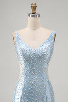 Load image into Gallery viewer, Sparkly Blue Tight Short V-Neck Homecoming Dress with Pearls