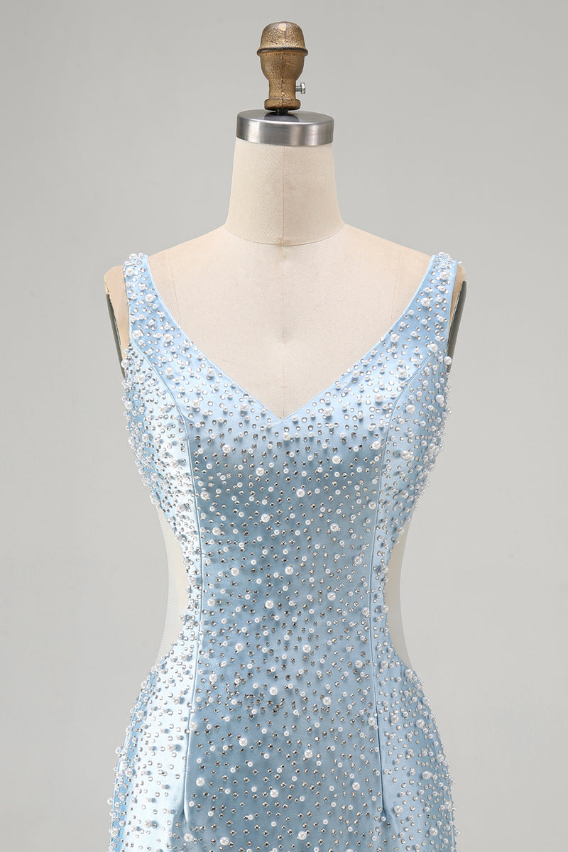 Load image into Gallery viewer, Sparkly Blue Tight Short V-Neck Homecoming Dress with Pearls