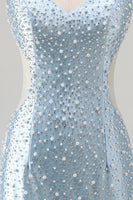 Load image into Gallery viewer, Sparkly Blue Tight Short V-Neck Homecoming Dress with Pearls