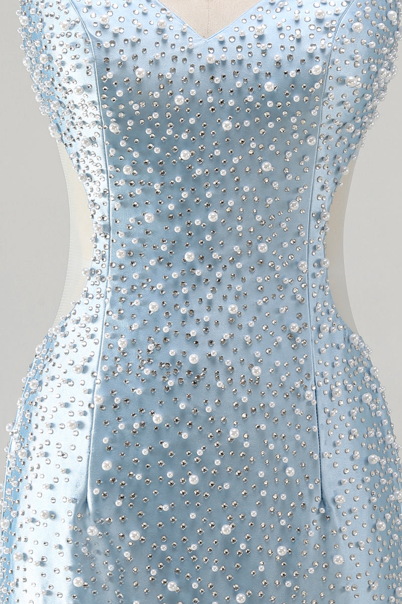 Load image into Gallery viewer, Sparkly Blue Tight Short V-Neck Homecoming Dress with Pearls