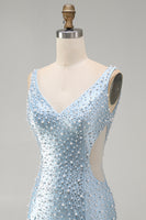 Load image into Gallery viewer, Sparkly Blue Tight Short V-Neck Homecoming Dress with Pearls