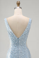 Load image into Gallery viewer, Sparkly Blue Tight Short V-Neck Homecoming Dress with Pearls