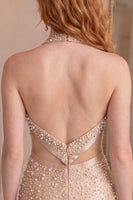 Load image into Gallery viewer, Champagne Beaded Halter Neck Cut Out Tight Short Homecoming Dress with Bow