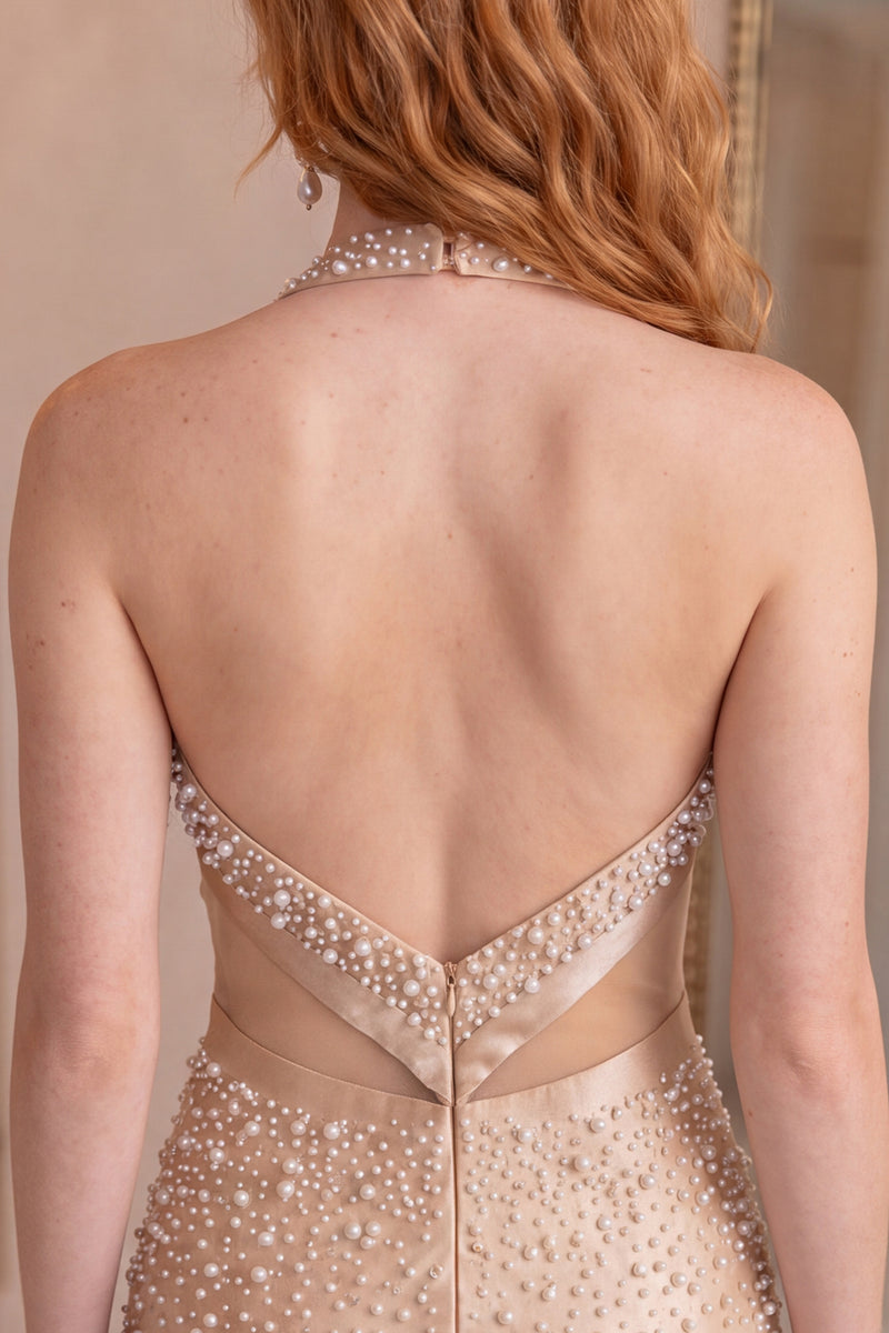 Load image into Gallery viewer, Champagne Beaded Halter Neck Cut Out Tight Short Homecoming Dress with Bow