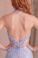 Load image into Gallery viewer, Champagne Beaded Halter Neck Cut Out Tight Short Homecoming Dress with Bow