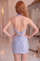 Load image into Gallery viewer, Champagne Beaded Halter Neck Cut Out Tight Short Homecoming Dress with Bow