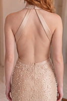 Load image into Gallery viewer, Champagne Beaded Halter Neck Cut Out Tight Short Homecoming Dress with Bow