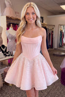 Load image into Gallery viewer, Sparkly Corset Pink A Line Short Homecoming Dress with Pearls